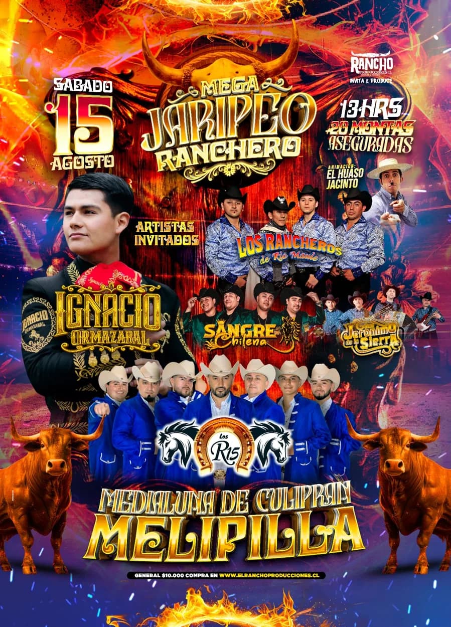 Mega Jaripeo Ranchero en Medialuna de Culiprán, Melipilla, sábado 15 de agosto
