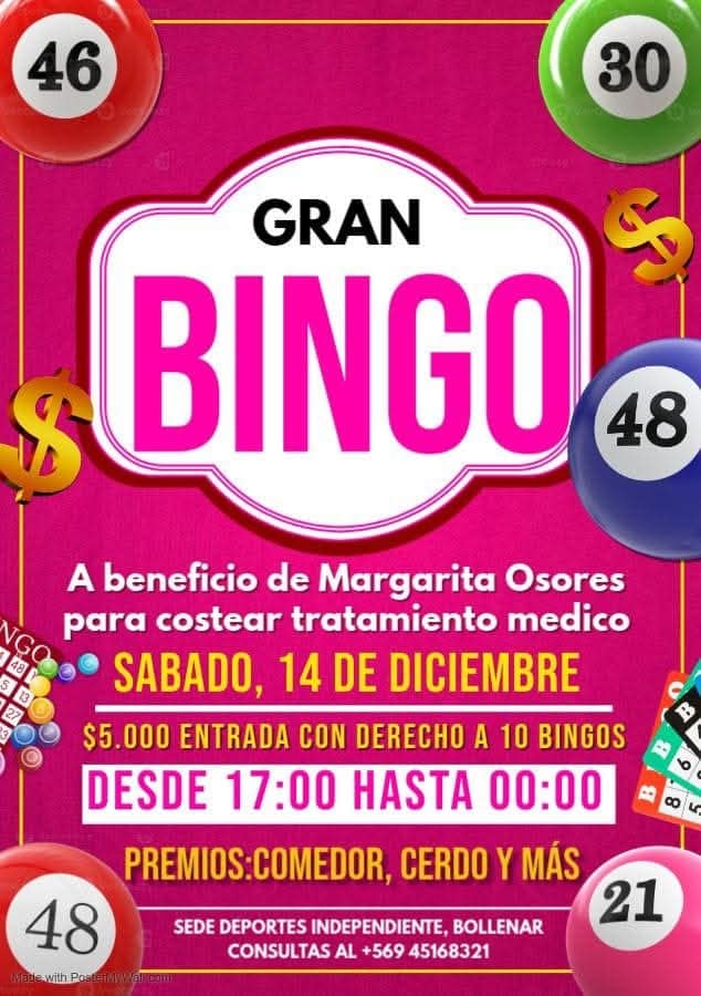 Este sábado se efectuará bingo a beneficio de joven de Bollenar que sufre anorexia