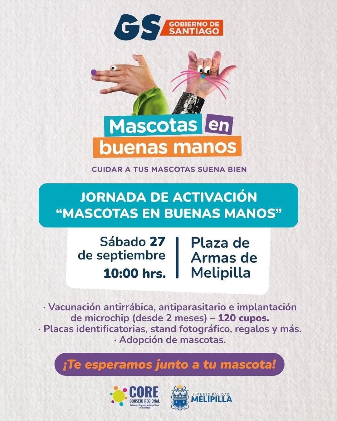 Jornada gratuita “Mascotas en Buenas Manos” se realizará este sábado en la Plaza de Armas de Melipilla