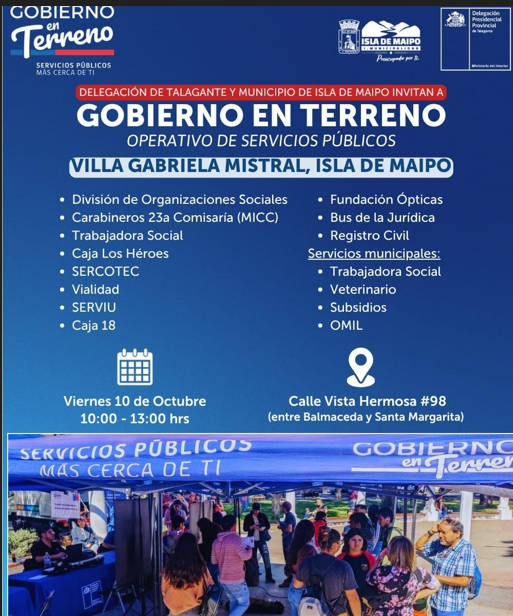Gobierno en Terreno llega a Villa Gabriela Mistral de Isla de Maipo, con servicios públicos y atención directa a la comunidad